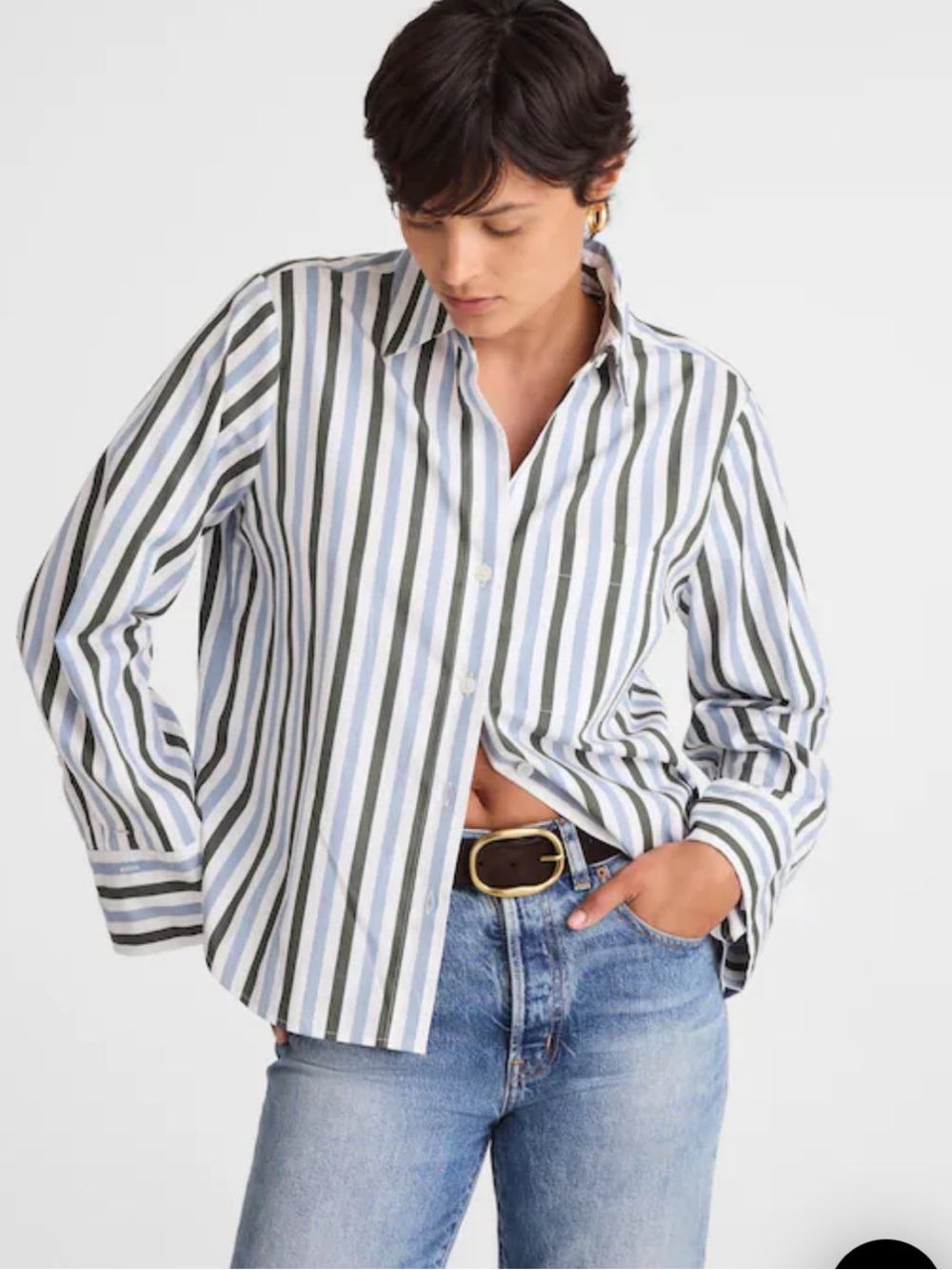 Madewell Easy Y Neck Button Up Stripe Shirt NEW